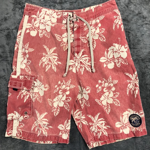 Abercrombie & Fitch Board Shorts Mens 36 Red Floral Hibiscus Vintage Surf Cargo